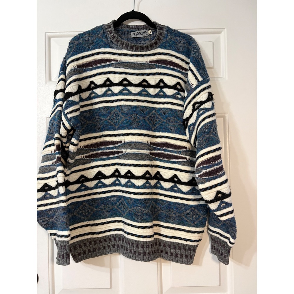 Lavane | Vintage Geometric Knit Crewneck Sweater | Large || Blue/White|